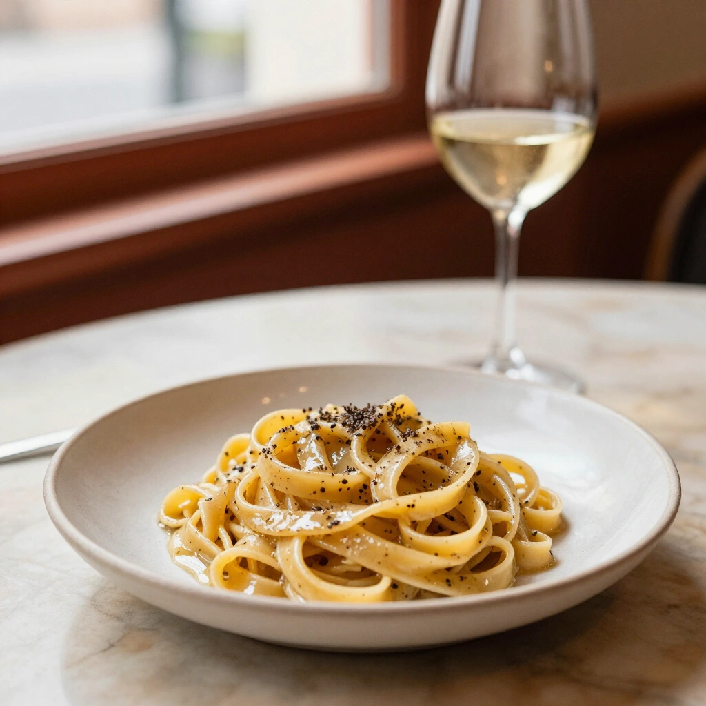 Assiette de cacio e pepe servie sur une table de bistrot en marbre