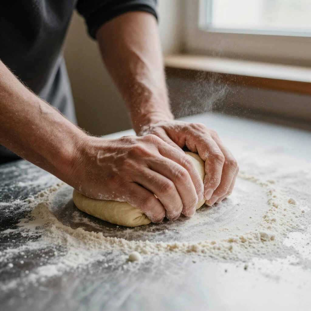 Pâte de semoule pétrie à la main sur un plan de travail en inox