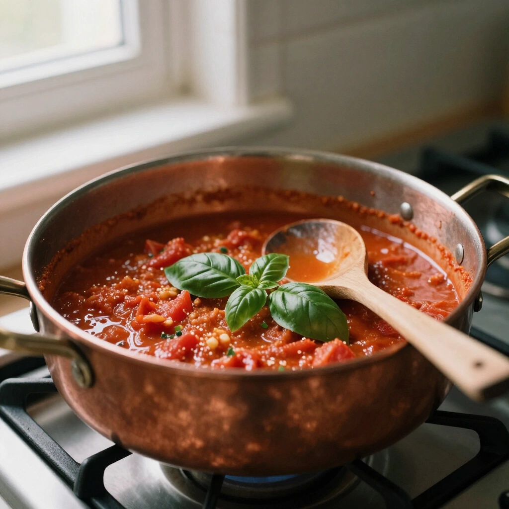 Ragu de veau et de porc mijote six heures dans une casserole en cuivre