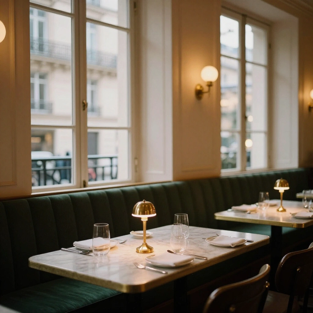 Salle du restaurant Pasta Moree avec banquettes vert bouteille et tables en marbre