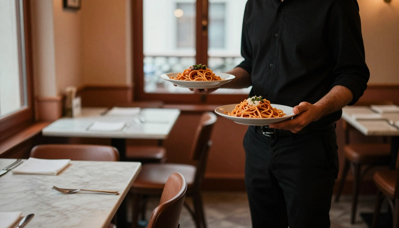 Serveur traversant la salle avec deux assiettes pendant le service du soir