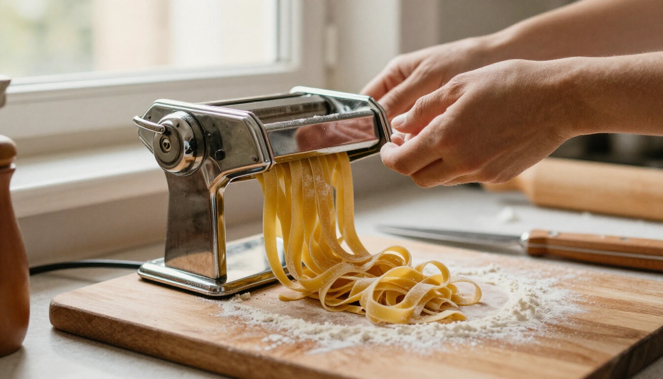 Tagliatelle fraiches sorties de la filiere en bronze sur un plan de travail farine