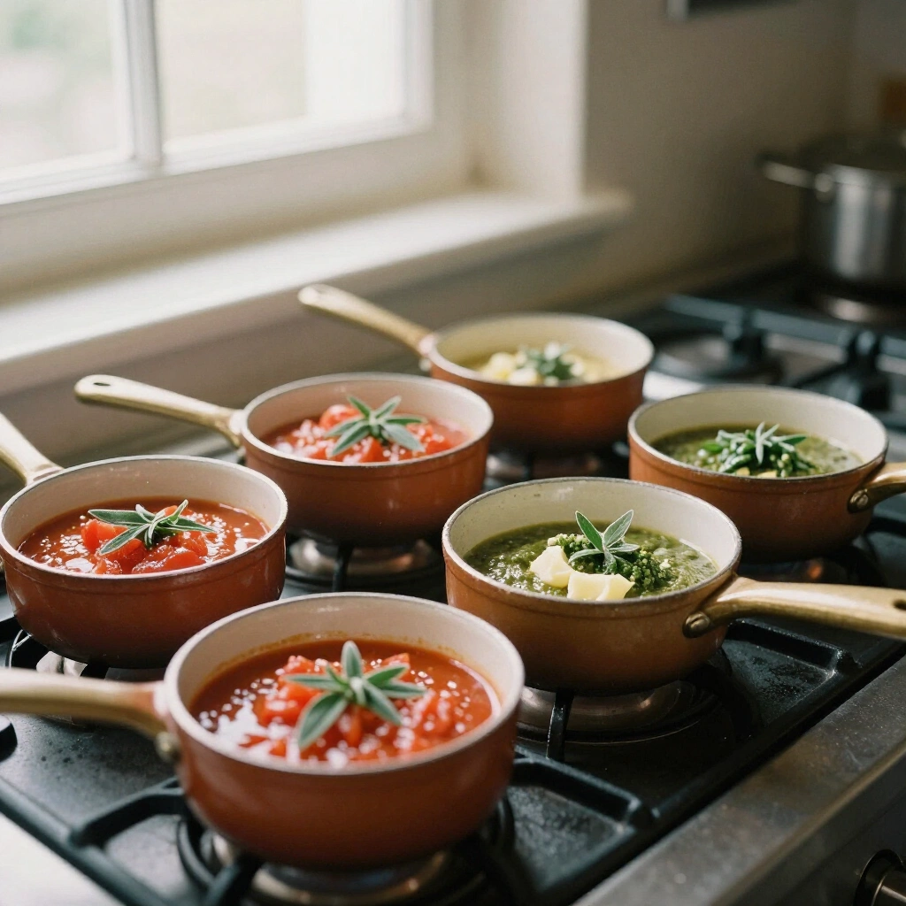 Trois casseroles de sauces préparées le matin sur le piano de cuisine